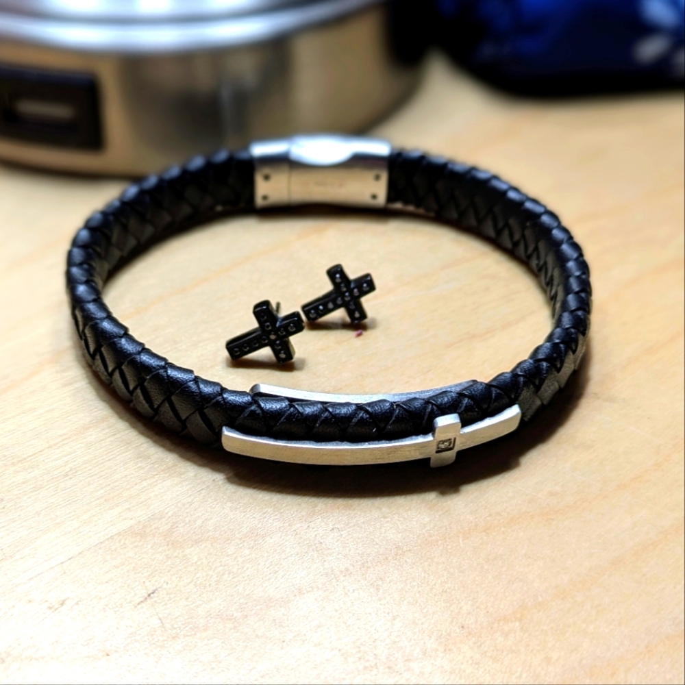 Black Leather Bracelet and Cross Earrings Set